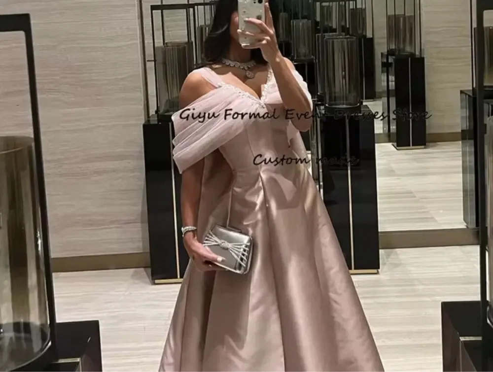 OLOEY Saudi Arabic Women Pale Satin Beads A Line Evening Dresses Cap Sleeves Tulle Satin Vintage Prom Gowns Formal Party Dress