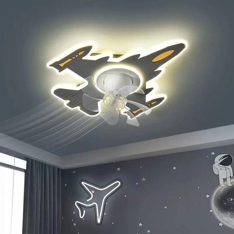 Modern Simple Boys' Room Ceiling Fan Light Creative Children's Room Silent Aircraft Fan Lamp Ceiling Light Room Bedroom Light