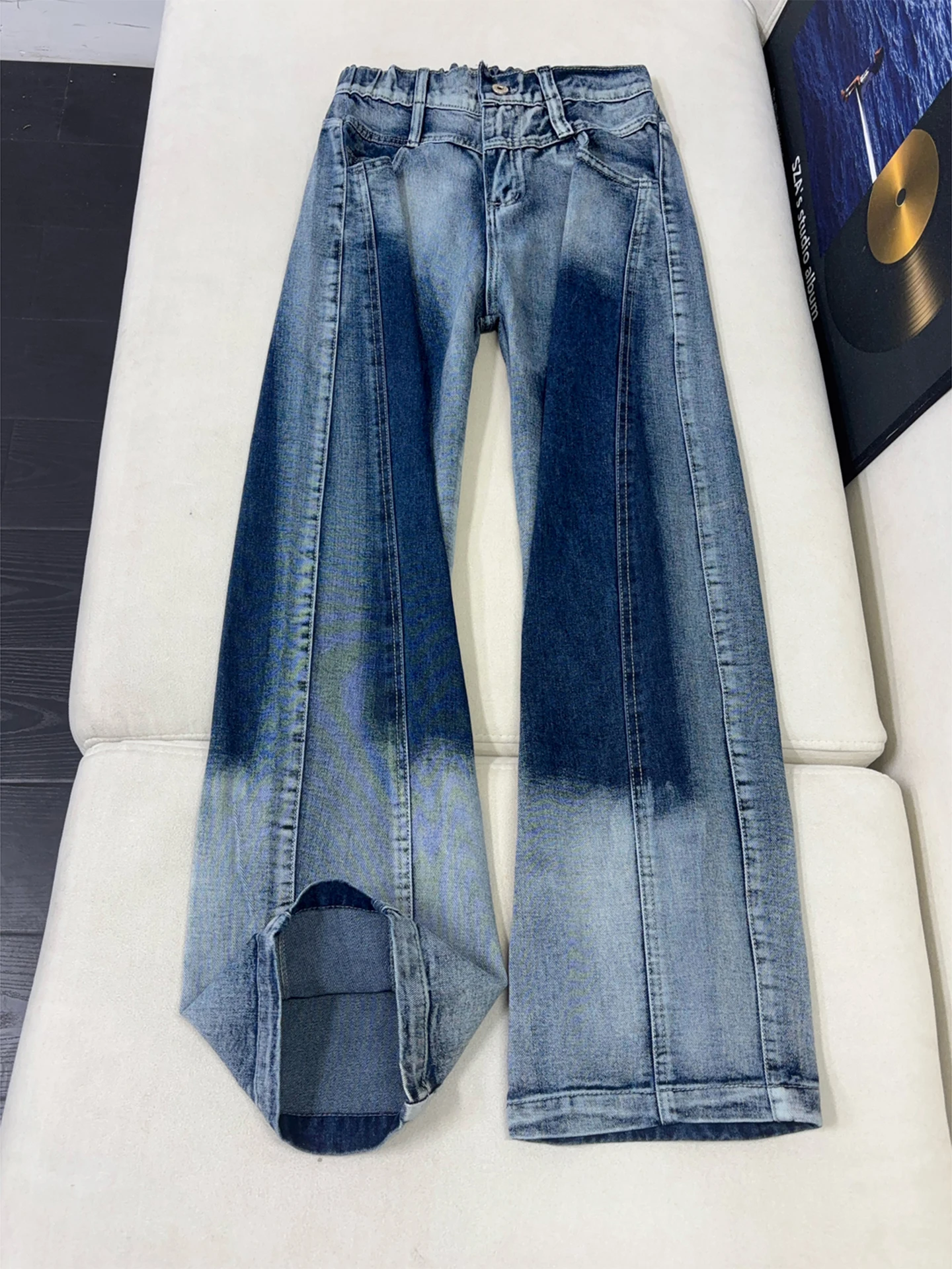 

American Style Knife Jeans Men's Cleanfit Spray Tie Dye Design Work Pants Straight Leg Micro Flare Trousers