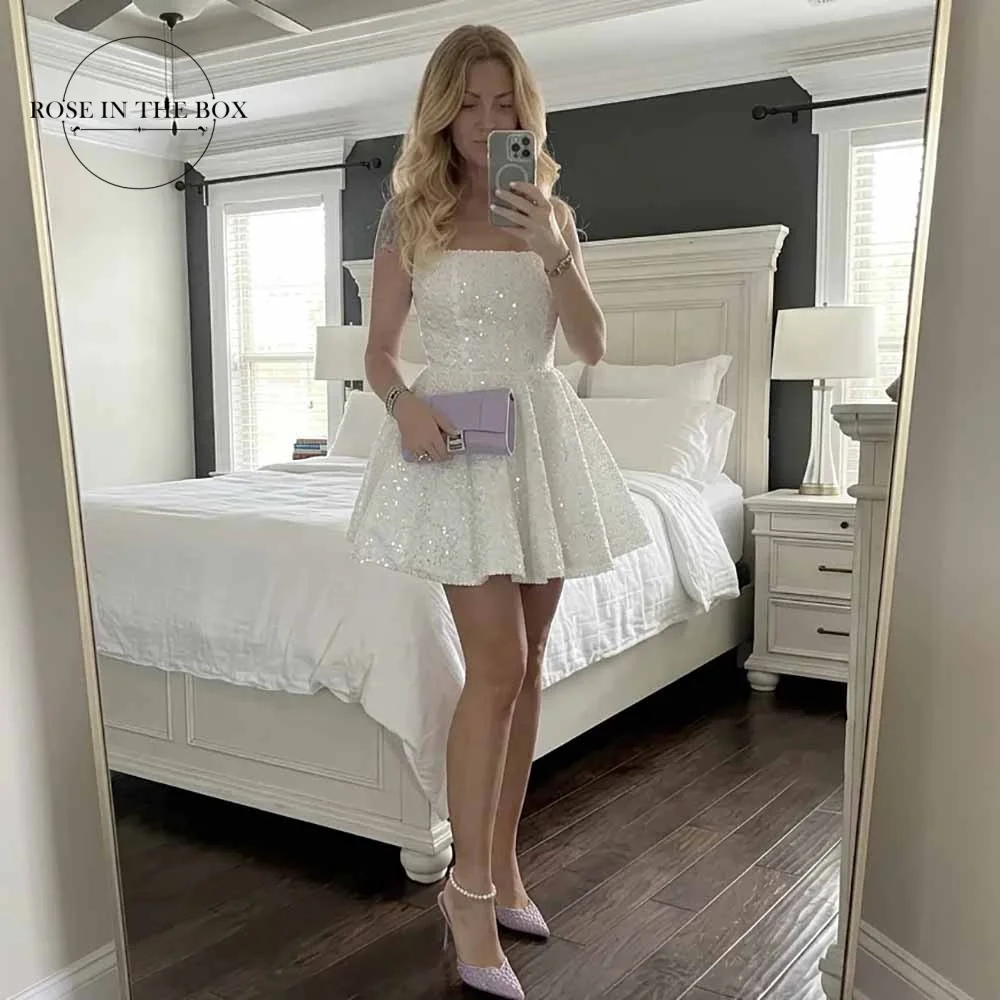 ROSEINBOX Cute Birthday Party Dresses for Women Sequined Beaded Short Evening Dress with Bow Back Mini Prom Gown Customized