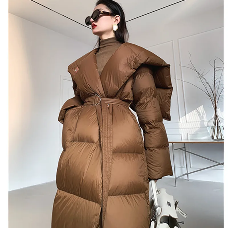 2025 Winter New European  American Shawl Extra Long Down Jacket Loose Versatile Over Knee Thicken White Goose Down Coats Female