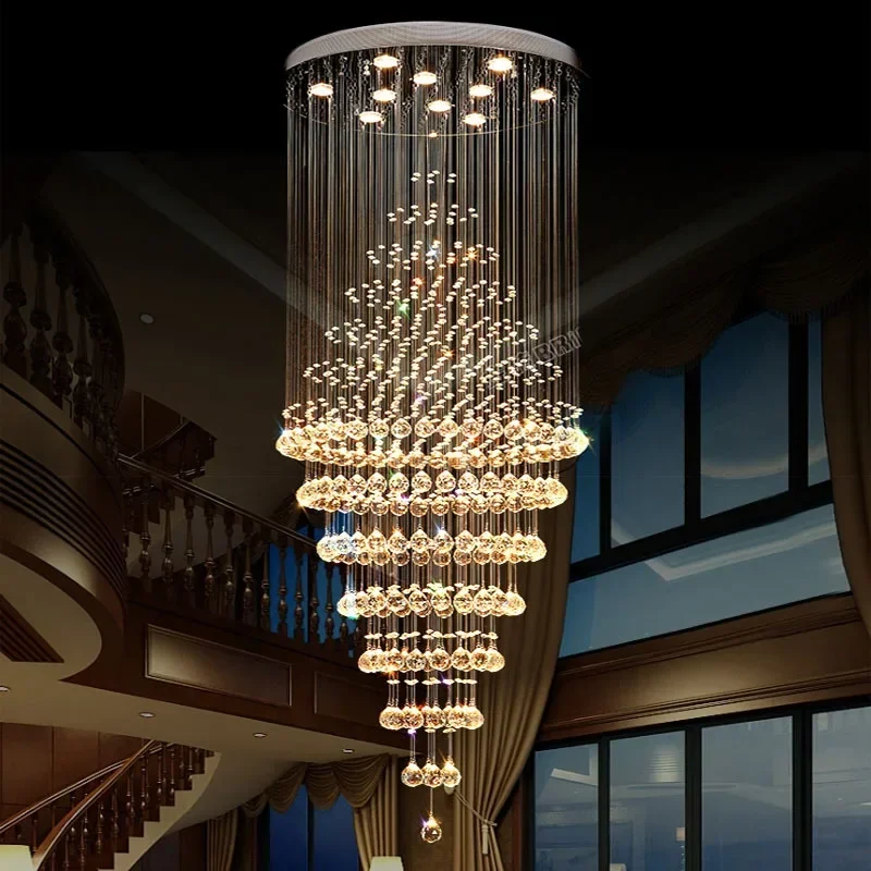 Modern GU10 LED Crystal Chandelier Double Entry Long Circular Droplight for Villa Staircase Lobby Lighting Fixture