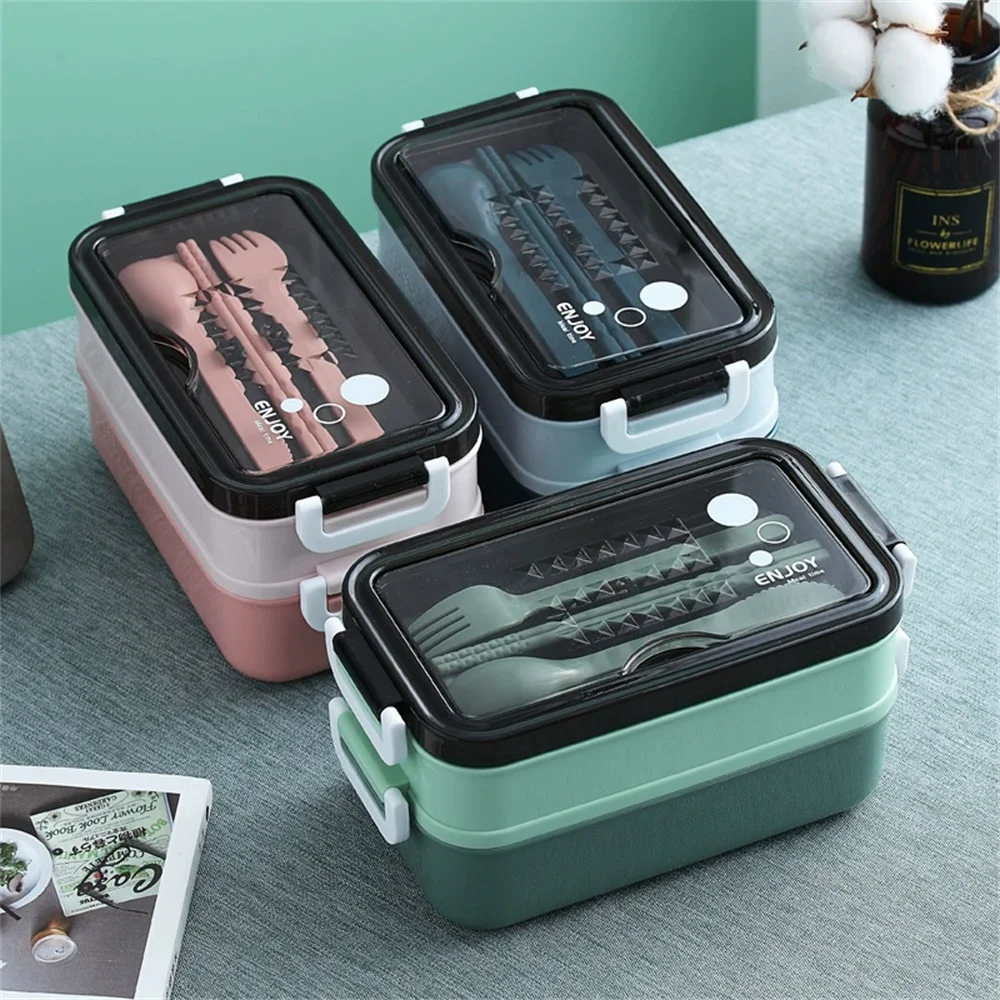 Lonchera de doble capa, 1 unidad, lonchera portátil con compartimentos, lonchera apta para microondas con tenedor, palillos y cuchara para la escuela y la oficina