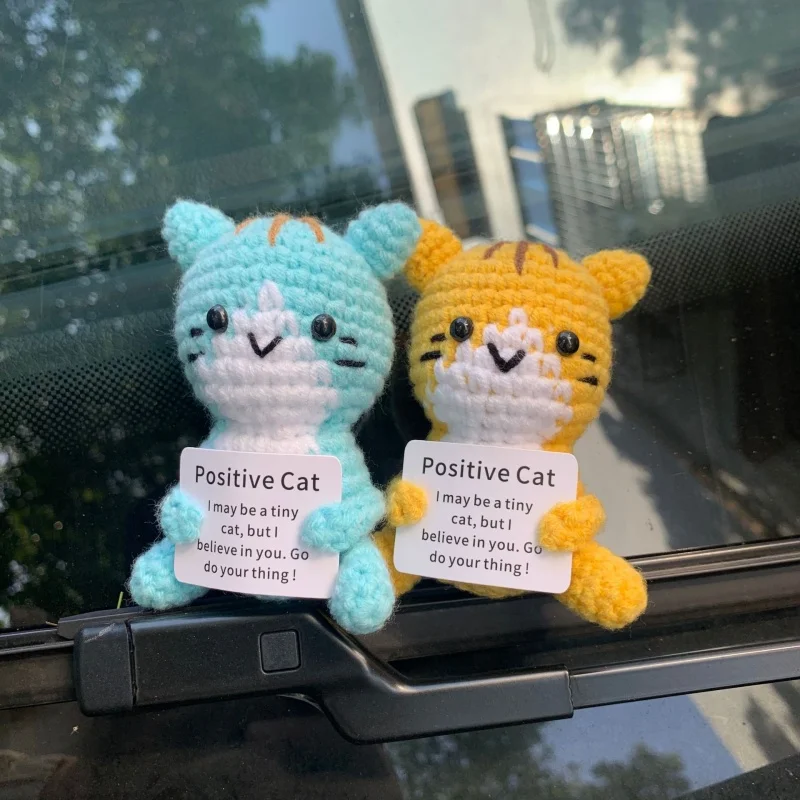 

New Emotional Support Crochet Cat Doll Handmade Knitted With Affirmation Card Positive Home Room Christmas Decor Gift