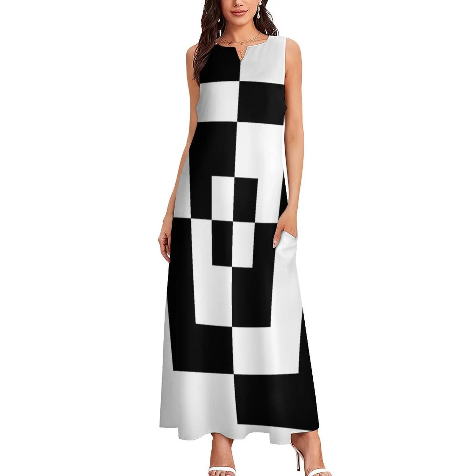 Black and white rectangles Long Dress long sleeve dress Dresses gala