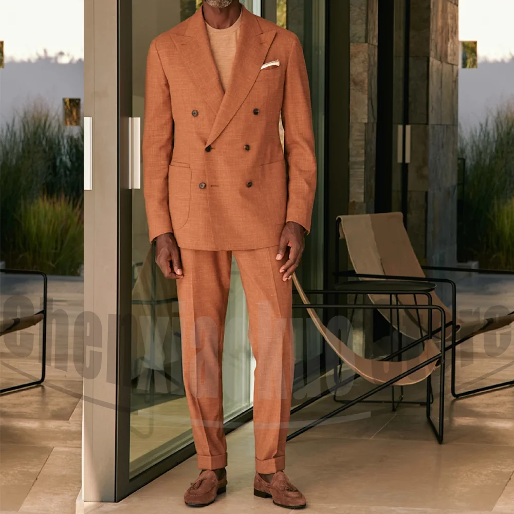 

Men Suits Double Breasted Tailored Fit Linen Wear Stylish Peak Lapel Smart Casual Wedding Party Outfits Breathable Fabric Suit