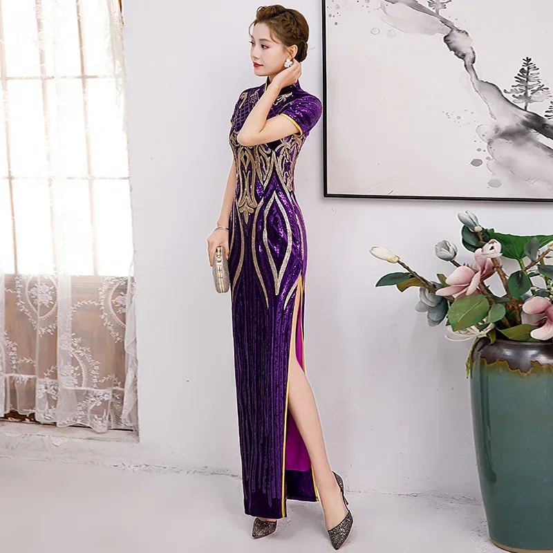 

Purple Fashion Sequin Cheongsam Chinese Style Vintage Improved Qipao Long Stage Performance Dress Sexy Slim Tight Split Vestidos