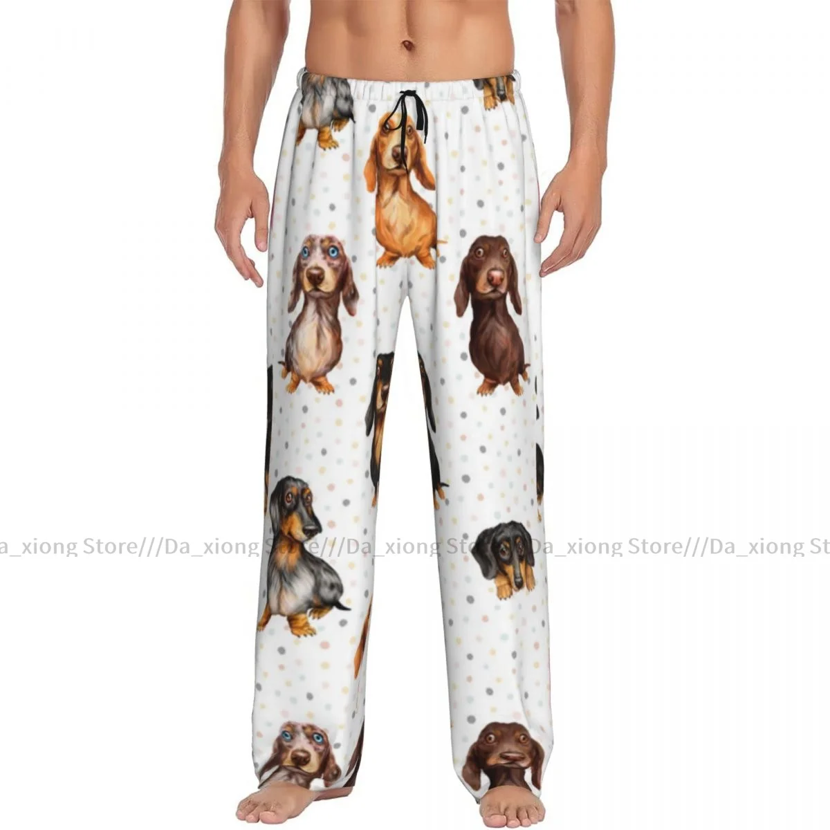 Men's Casual Pajama Sleeping Pants Cute Dachshund On Polka Dot Lounge Loose Trousers Comfortable Nightwear