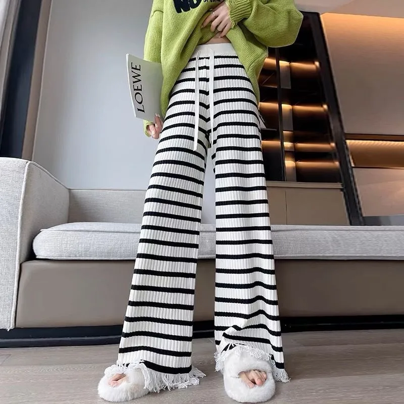 

Striped soft knit pants for women in autumn and winter high waisted and wide leg pants straight leg loose casual tassel pants