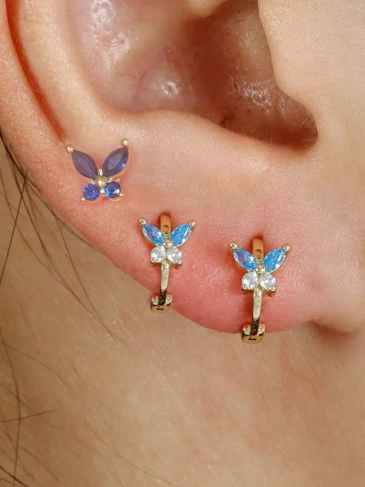 3 szt. Zestawów ze stali nierdzewnej cyrkon motyl Huggie Hoop kolczyk dla kobiet mały śliczny motyl Helix Piercing Stud biżuteria — zdjęcie 2