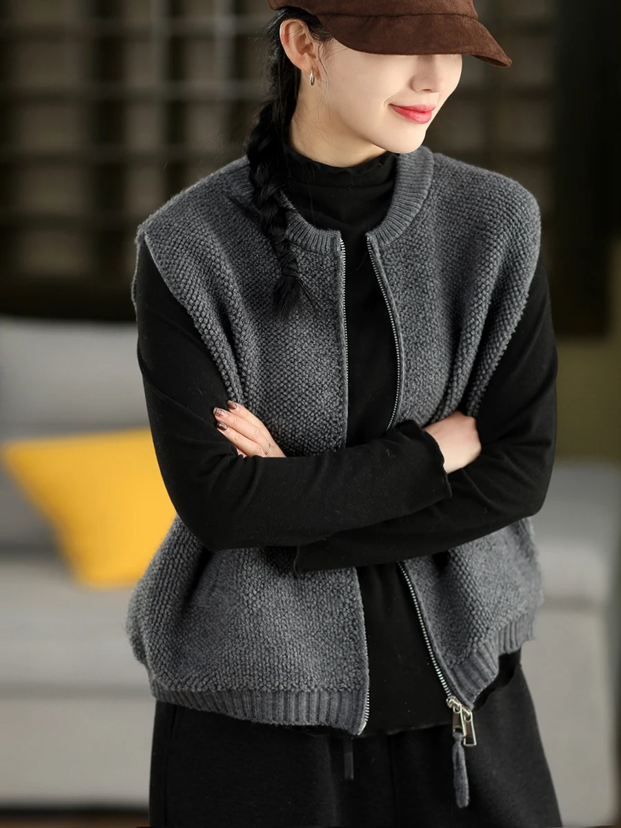 

Spring Faion Knitted Vest Women's Svel Zipper Double Head Zipper Casual Sle Regular Length Outerwear Jaet