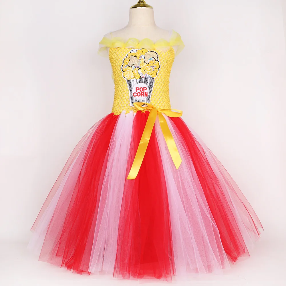 Popcorn Long Tulle Princess Tutu Dress Soft Mesh Gown Halloween Carnival Birthday Stage Elegant Festive Party Performance Outfit