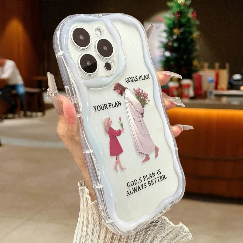 Girl God Pattern Clear Wavy-edge Phone Case For iPhone 17 Pro 16 15 14 Plus 13 12 11 Pro Max 16E 17E With Bead String Soft Cover view 3