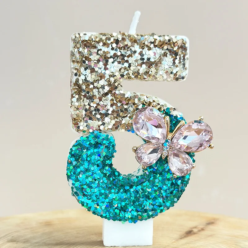 Transparent Diamond-encrusted Butterfly Digital Candle, Green And Gold Color Sequined Birthday Candle Party Dessert Cake Plug-in