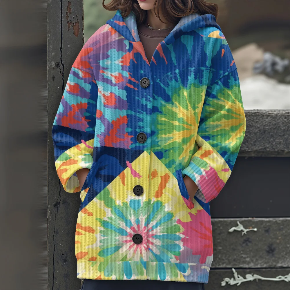 

Длинный свитер с градиентом тай-дай, цветная геометрия, свитер с капюшоном, повседневный женский свитер с геометрическими цветными блоками