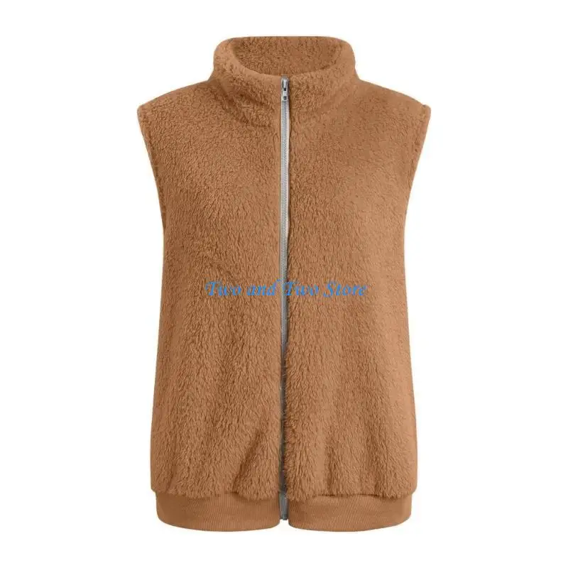 HX6F Plush stand collar sleeveless zipper lightweight vest comfortable with pockets women's