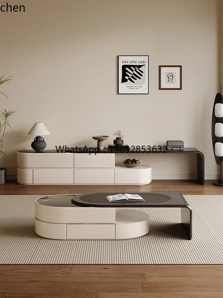 CJ7cream wind telescopic TV cabinet retro tempered glass coffee table medium and ancient style push-pull living room