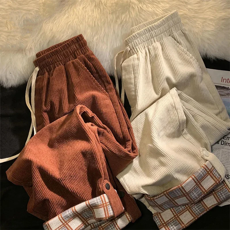 Autumn Plaid Hemming Women Corduroy Pants High Waist Korean Loose Straight Trousers Fashion Winter Thick Warm Drawstring Pants