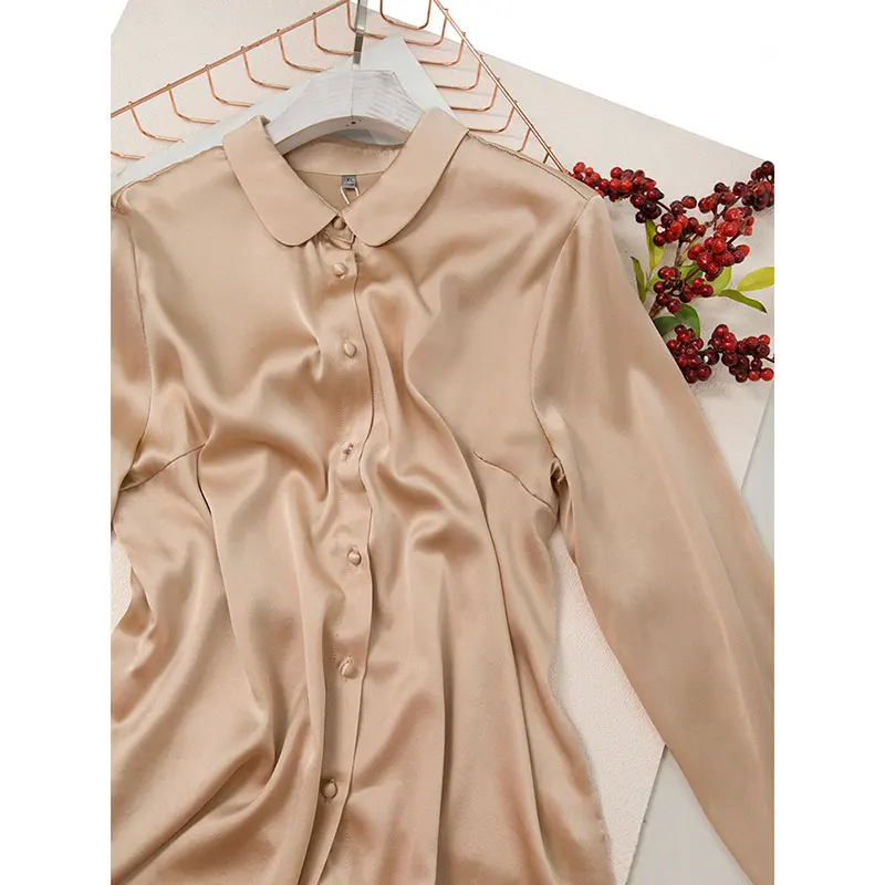 Women\'s Fashion New Early Spring/Autumn Commuting Style Naked Solid Color Elastic Satin Round Neck Natural Mulberry Silk Shirt