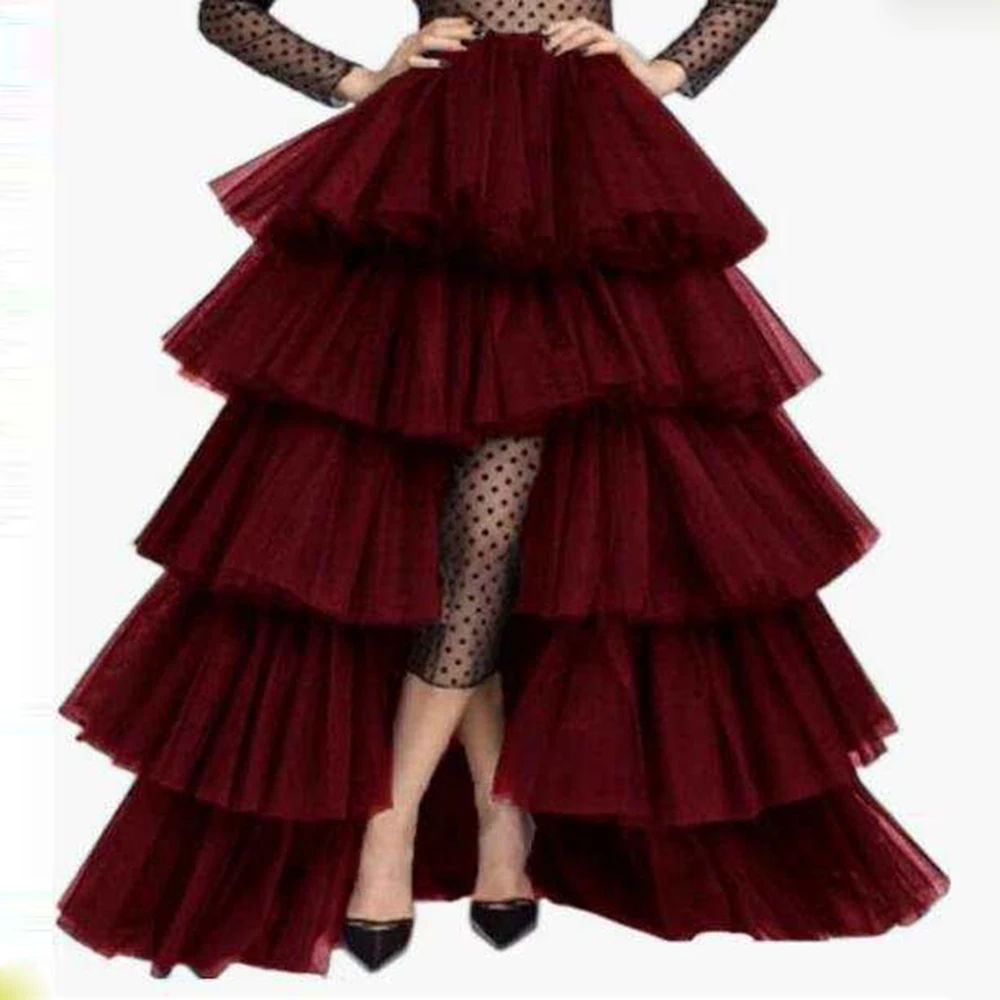 

Burgundy Tulle Tiered Skirt Long Party Skirts Girls Birthday Party Front Split Women Skirts Custom Color Size Skirt