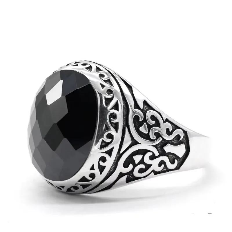 خاتم S925 مصنوع يدويًا من الفضة على شكل حرف a من الزركون الأسود للرجال Tö rkiye فاخر على طراز الشرير النقي هدية حفلات المهرجانات للرجال