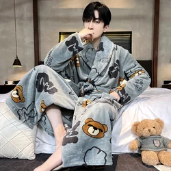 Casual Cartoon Dinosaur Men's Bathrobe For 82.5kg Winter Thicken Plush Double Warm Shower Robe Comfortable Soft V Neck Sleepwear