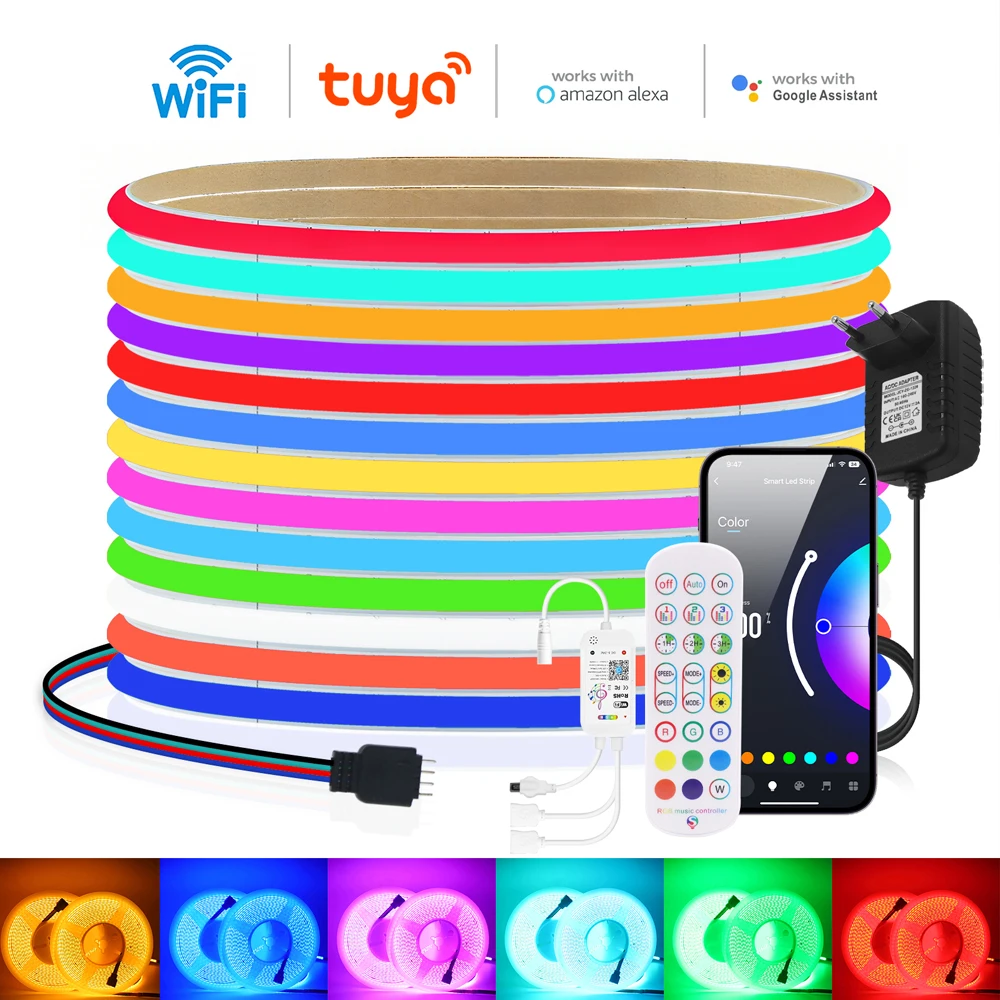12V 24V Tuya WIFI RGB LED Strip Light Dimmable 24Keys Remote Control 576Leds/m Flexible Tape Home Decor 0.5m 5m EU US UK AU Plug
