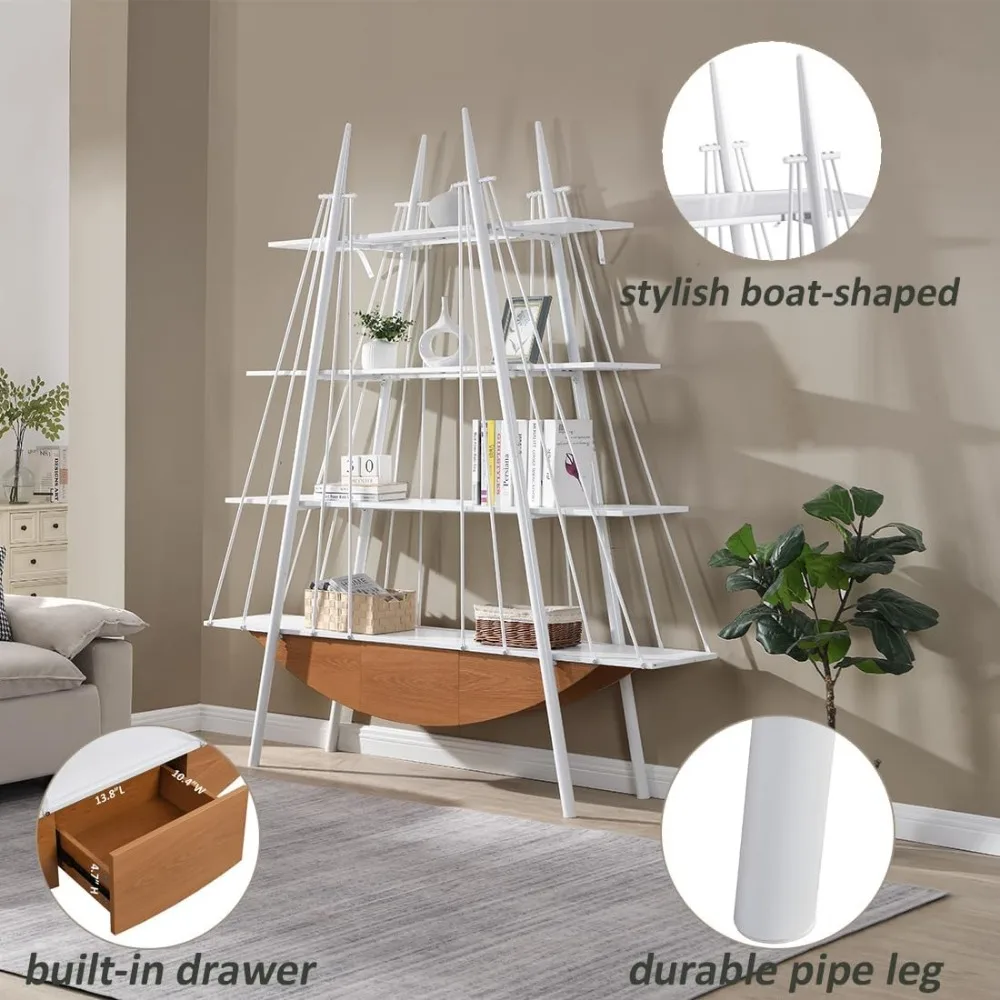Bookshelf, 4 Tier Ladder Bookcase with Drawer 84.3 Tall Bookshelves for Storage Display Decor Easy Assembly Bookcase