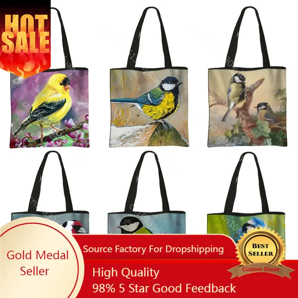 Cute Birds Goldfinch / Blue Tit / Marsh Tit Print Casual Totes Bag Coal Tit Women Handbags Large Capacity Shoulder Shopping Bag