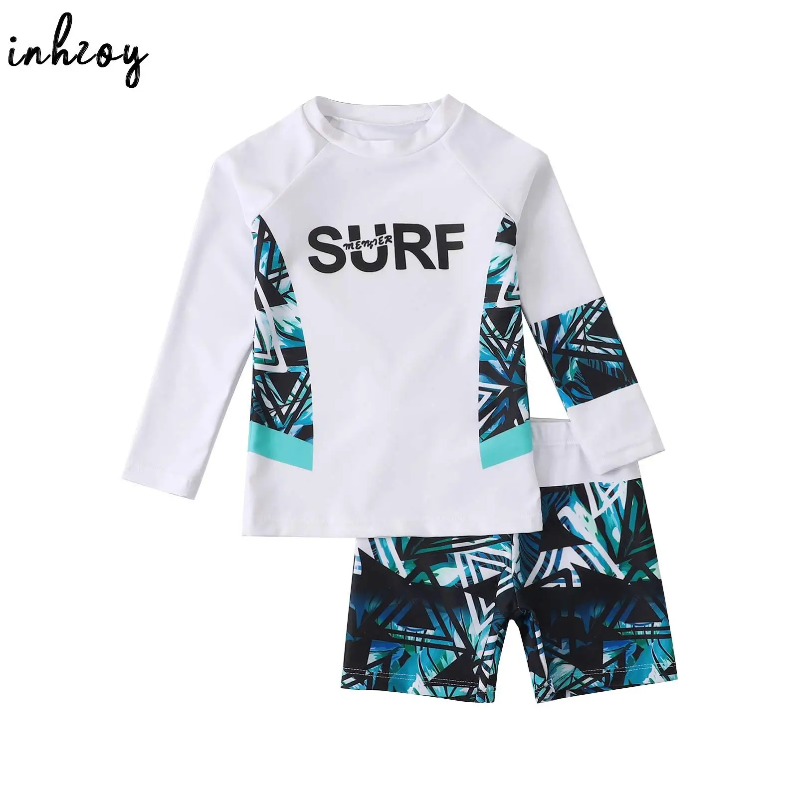 Kids Boys Long Sleeve Rash Guard Swimsuits 2 Piece Sun Protection Shirt with Swim Trunks Bathing Suit Swimwear Beachwear UPF 50+