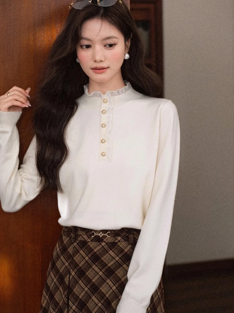 ALXNAN Abrikoos Trui Herfst Winter Parel Knoppen Stand Kraag Kant Patchwork Truien Slanke Gelaagdheid Gebreide Trui L59010