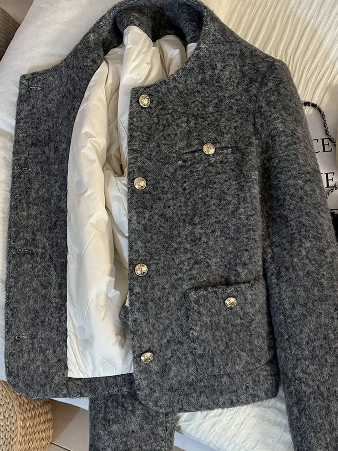 

Женское шерстяное пальто Ele ort Thiened, осенне-зимнее корейское пальто прямого кроя, модный теплый топ-джат с внутренней стороны