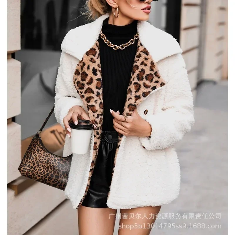 Women Warm Fleece Coat Jacket Autumn Winter Vintage Fashion Long Sleeve Lapel Collar Leopard Patchwork Plush Outwear