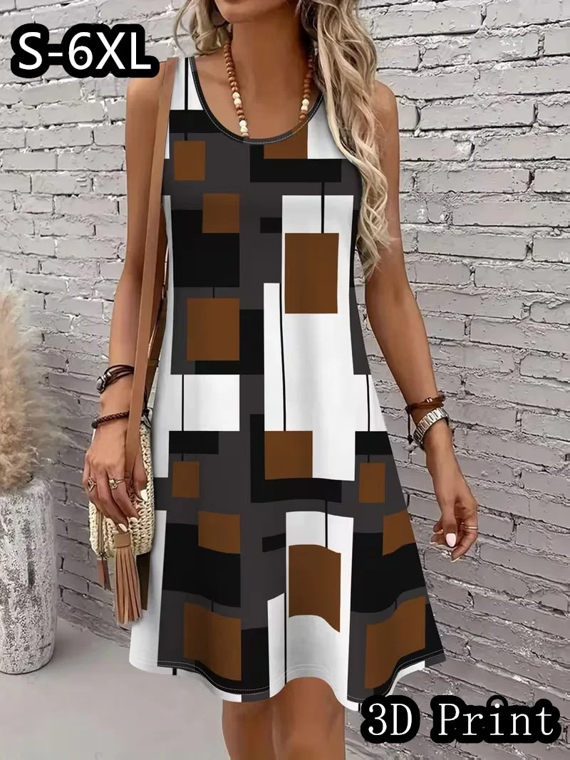 summer women's sleeveless dress Draw geometric patterns Print Tank Dress Beach Style Sundress