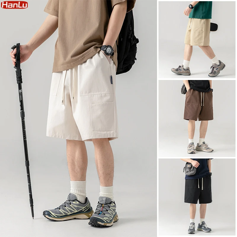 2023 New Summer Cargo Shorts Men's Casual Five-point Pants Japanese Retro Solid Color Man Trend Khaki  Large Pocket Sports Short