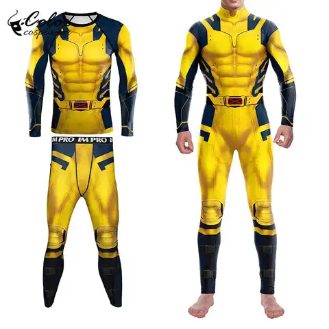 Color Cosplayer Wolverine Tees Men Leggings Hero Jumpsuit Halloween Cosplay Costume Men Tops Carnival Pants Set Party Outfit
