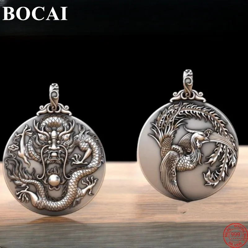 BOCAI S999 Sterling Silver Pendants for Women Men New Fashion Solid Round Flying Dragon Phoenix Punk Jewelry Wholesale