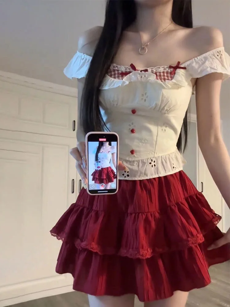 Ensemble deux pièces en Patchwork pour femmes, haut en dentelle à volants + Mini jupe plissée rouge, costume coréen Kawaii Design avec nœud, tenues mignonnes, été
