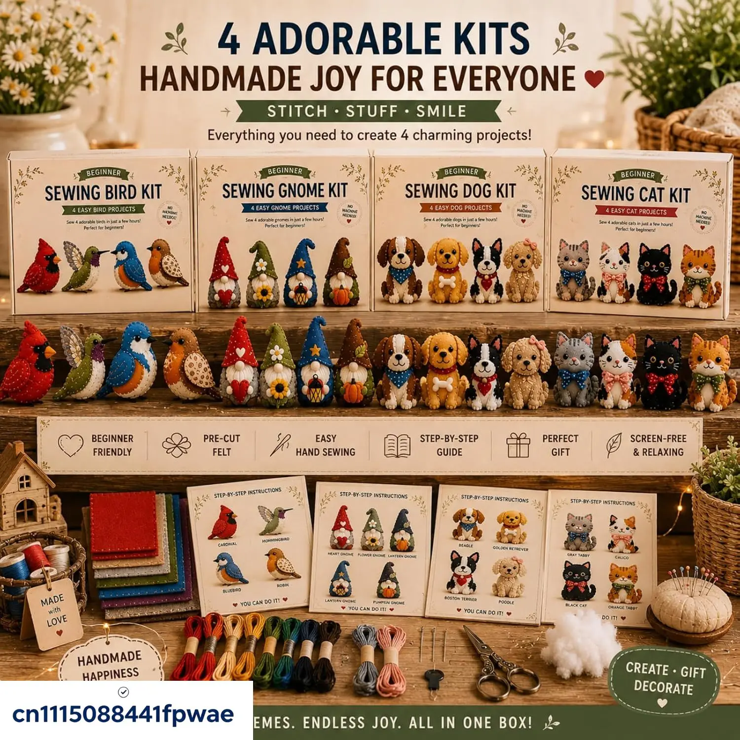 Sewing Kit for Beginners, DIY Felt Sewing Craft Kit with Pre-Cut Fabric & Instructions, Handmade Plush Animal Craft Set