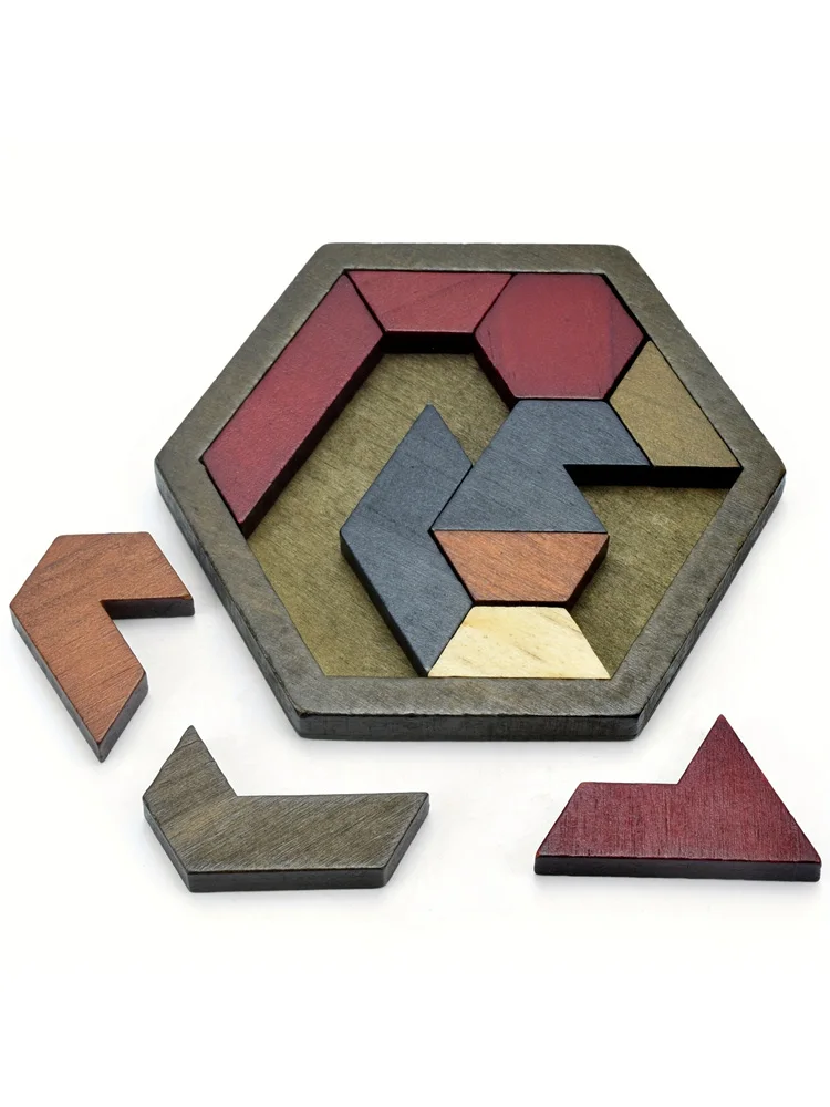 Puzzle Tangram hexagonal, jouets en bois pour enfants et adultes, puzzle stimulant, casse-tête en bois pour adultes