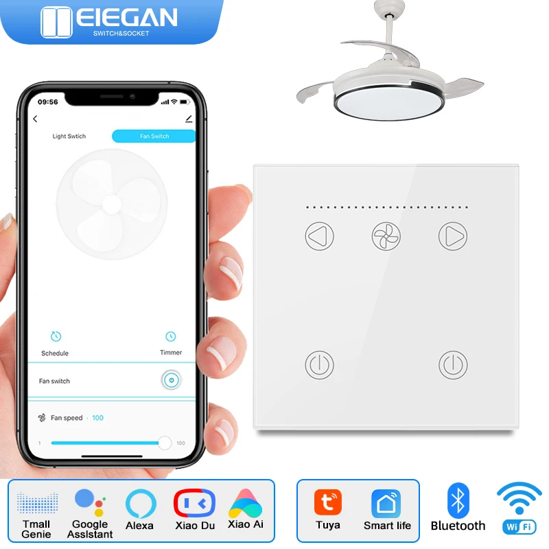 ELEGAN EU 1/2 Gang Tuya WiFi Smart  switches Fan Light Switch Ceiling Fan Lamp Speed Switch Support Alexa Google home assistant
