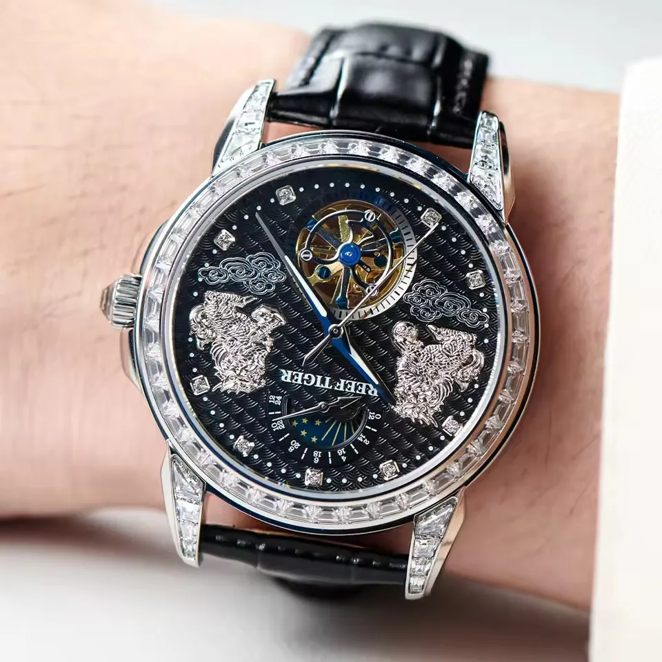 Reef Tiger Men Automatic Watch 42.7mm Luxury Mechanical Wristwatch 50M Waterproof Luminous Pixiu Skeleton Multi Dial