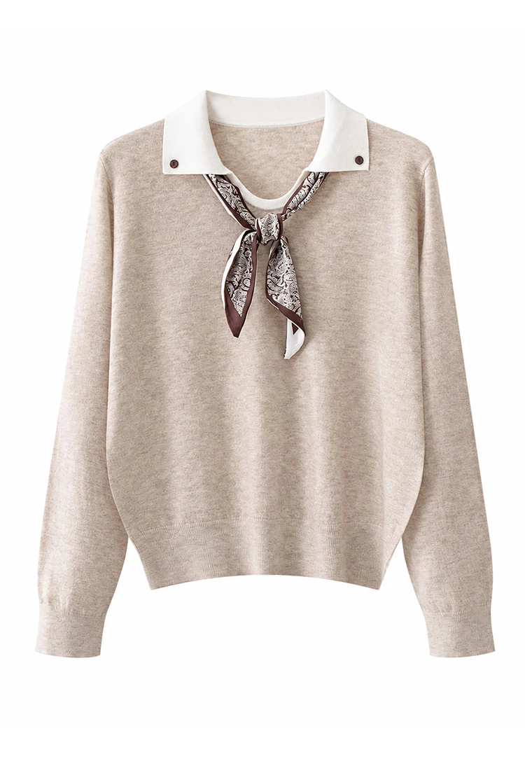 ML62115 Damen-Pullover mit Polokragen, Langarm, Strickpullover mit Kontrastkragen, Modal-Mischung mit Schal, lässiger Pullover für den Frühherbst – Detail 10