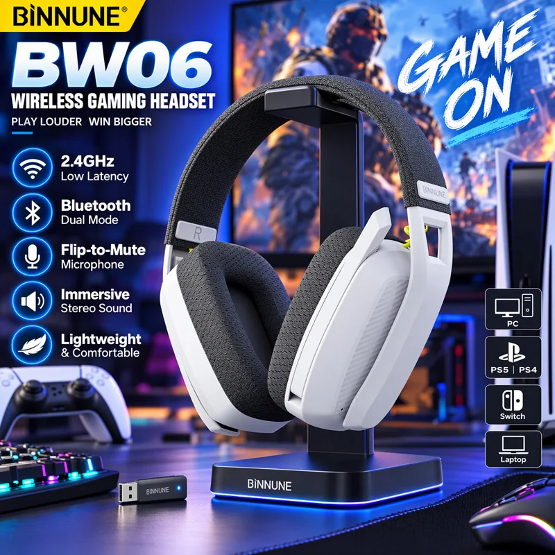 BINNUNE BW06 Bluetooth Headsets Gamer with Mic for PS5 PS4 PC Mac Playstation Wireless 2.4GHz Gaming Headphone with Microphone