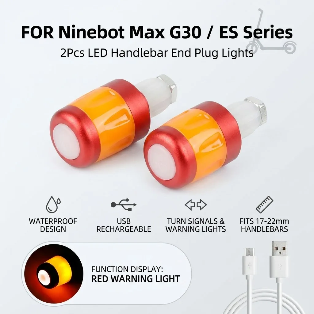 

2Pcs LED Handlebar End Plug Lights for Ninebot Max G30 ES Series Waterproof Rechargeable Turn Signals Warning for Handlebars