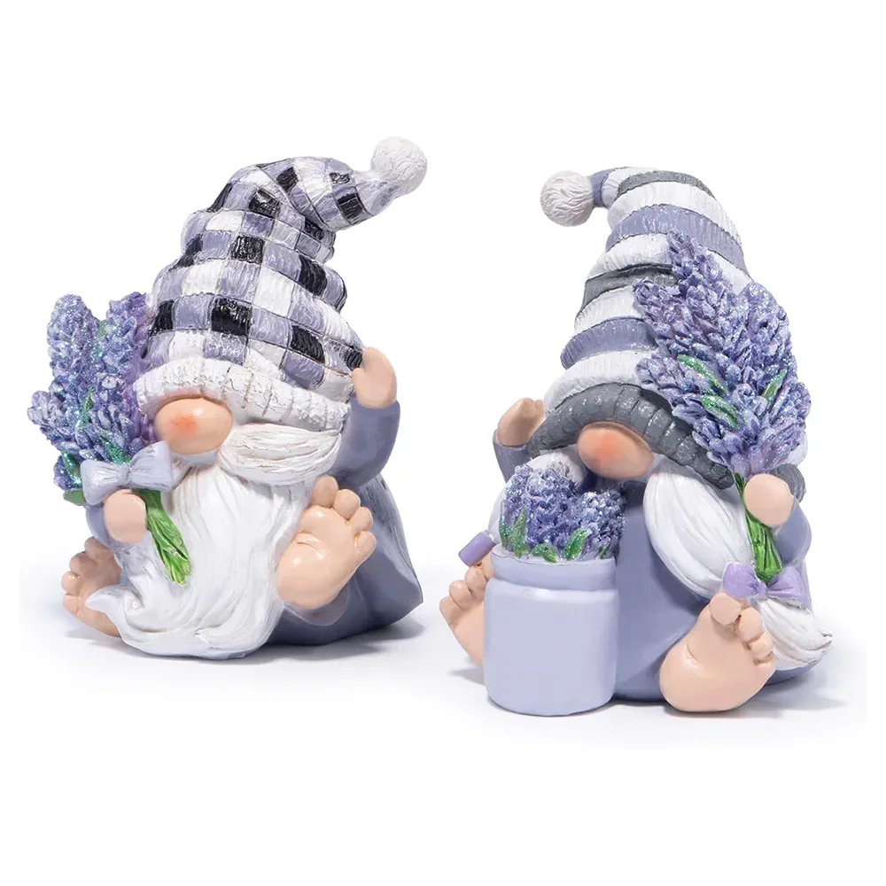 Hodao Resin Lavender Gnome Figurine Set of 2, Spring Floral Couple with Bouquet, Jar, Plaid Hats, Tabletop Shelf Farmhouse Gift
