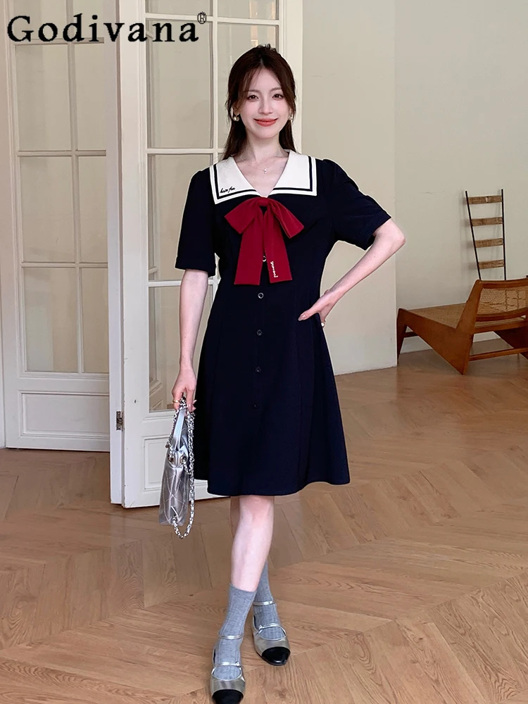 

Large Size 2025 Summer New Girl Bow College Age-reducing Dress Sweet Navy Collar Dark Blue High Waist A-line Japanese Dresses