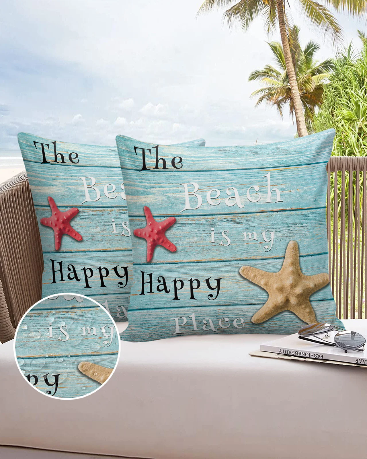 

Wood Grain Beach Text Starfish 2/4PCS Outdoor Pillowcase Waterproof Pillow Cover Case Garden Patio Cushion Covers Home Decor