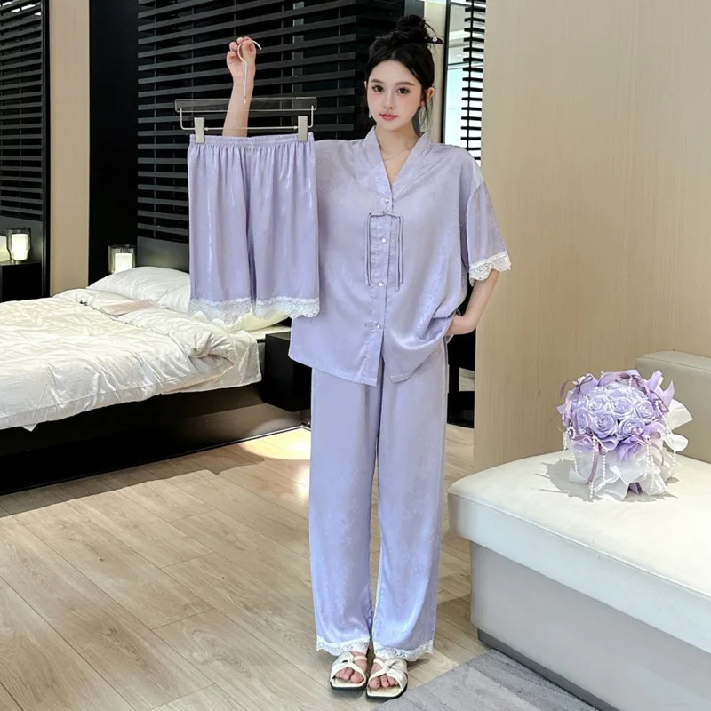 Temperament Luxury Summer New Antique Pajamas Women Ice Silk High-order Jacquard Short-sleeved Cardigan Three-piece Pyjamas Sets