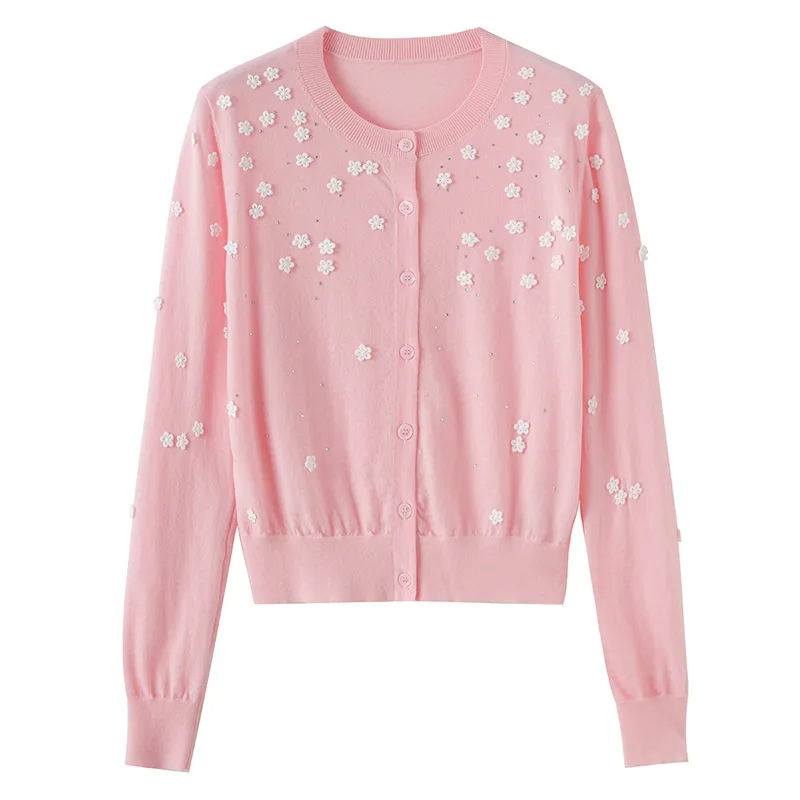 

Женский кардиган с круглым вырезом и розовым цветком, милый вязаный хлопковый офисный женский кардиган